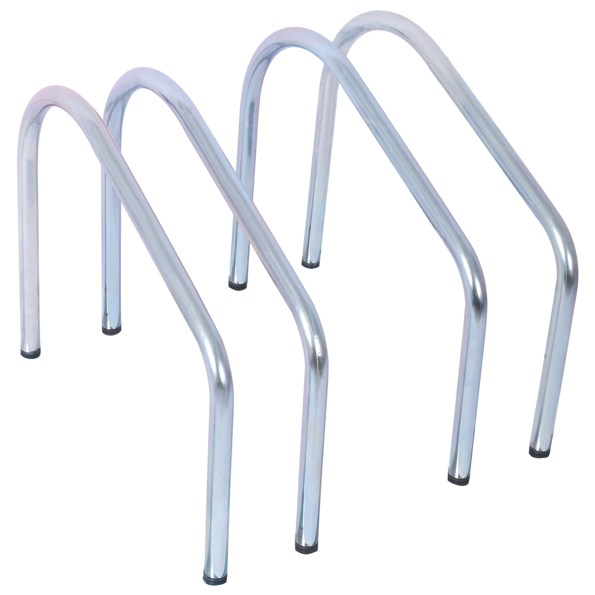 Four polished silver metal Ushaped bike racks on a white background for secure bicycle parking