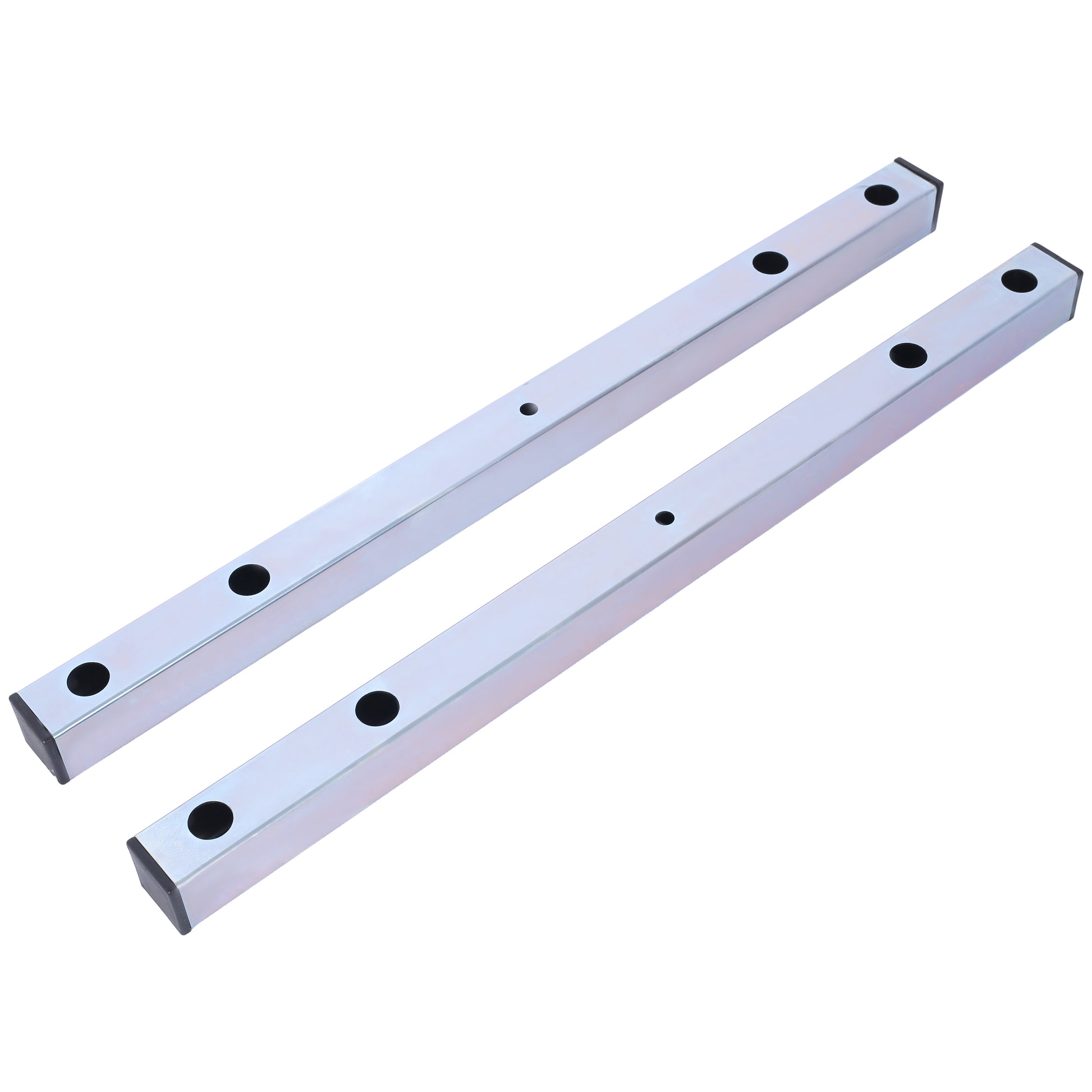 Two silver metal support brackets with black end caps and predrilled holes