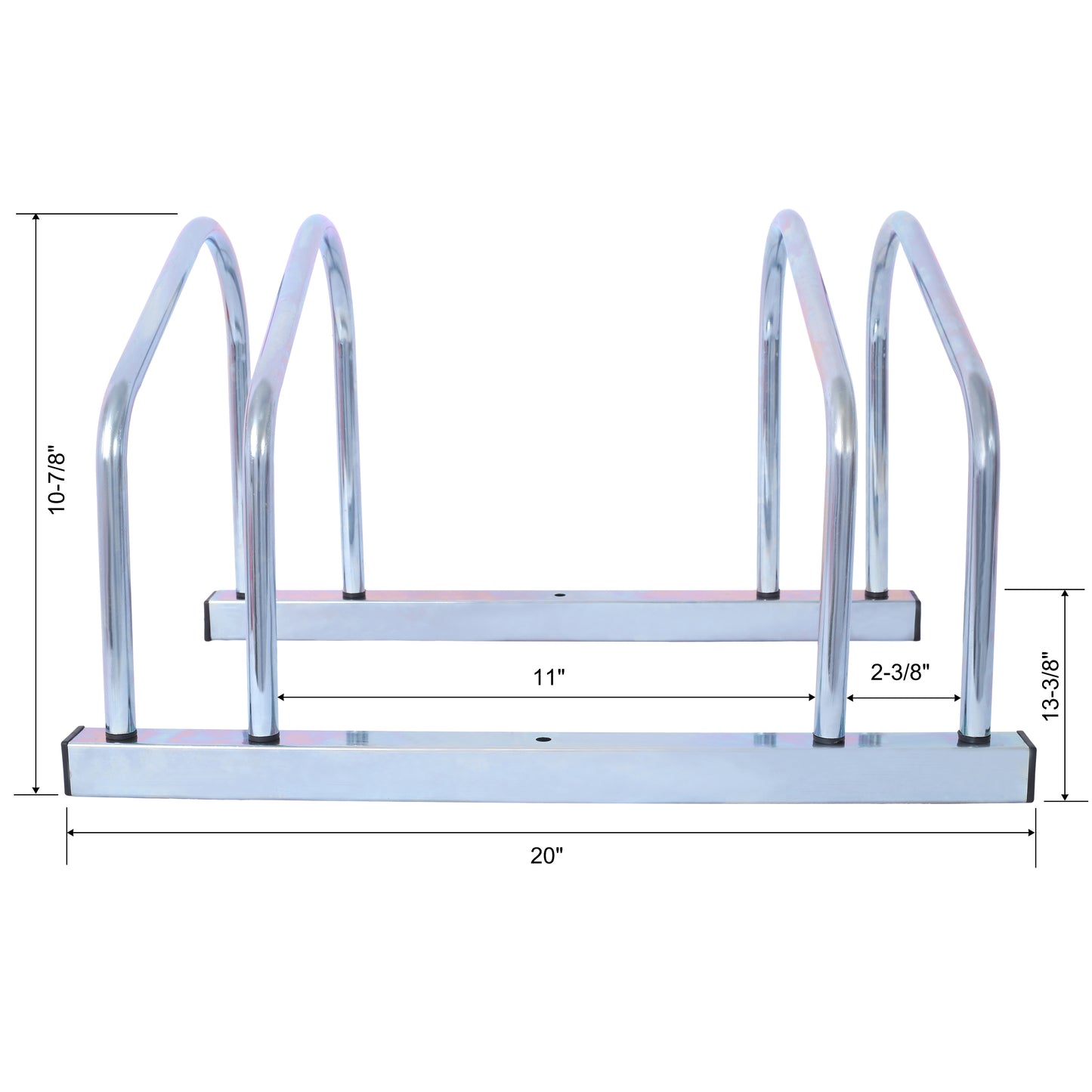 Silver metal bike rack with vertical supports for stable parking