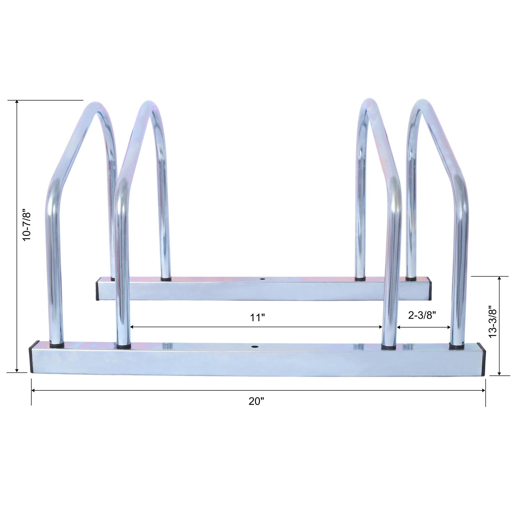 Silver metal bike rack with vertical supports for stable parking
