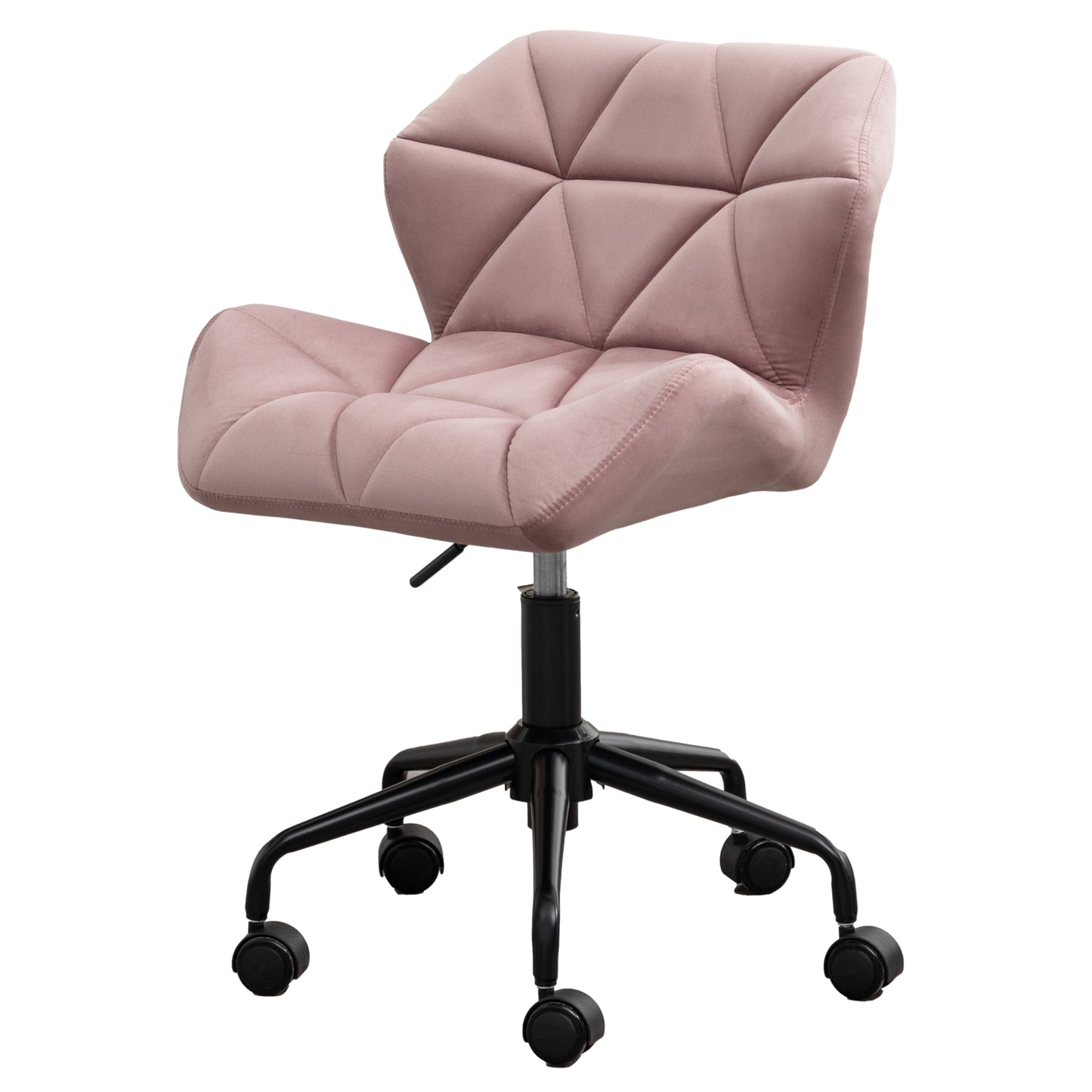 Dusty rose velvet office chair with diamond tufting and a black wheeled base