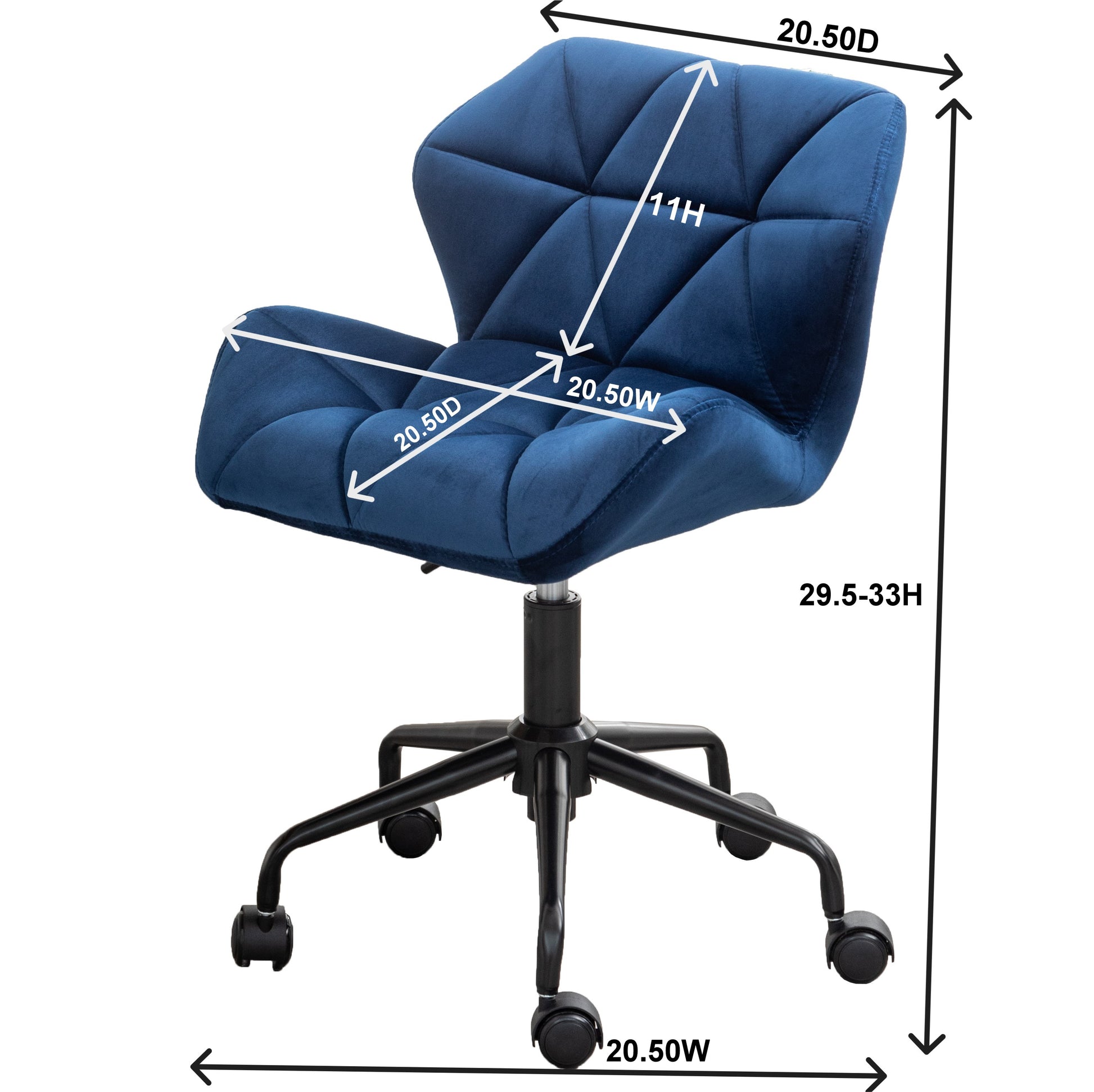 Plush navy blue velvet office chair with quilted design and adjustable height