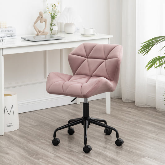 Dusty rose velvet office chair with diamond tufting and black casters