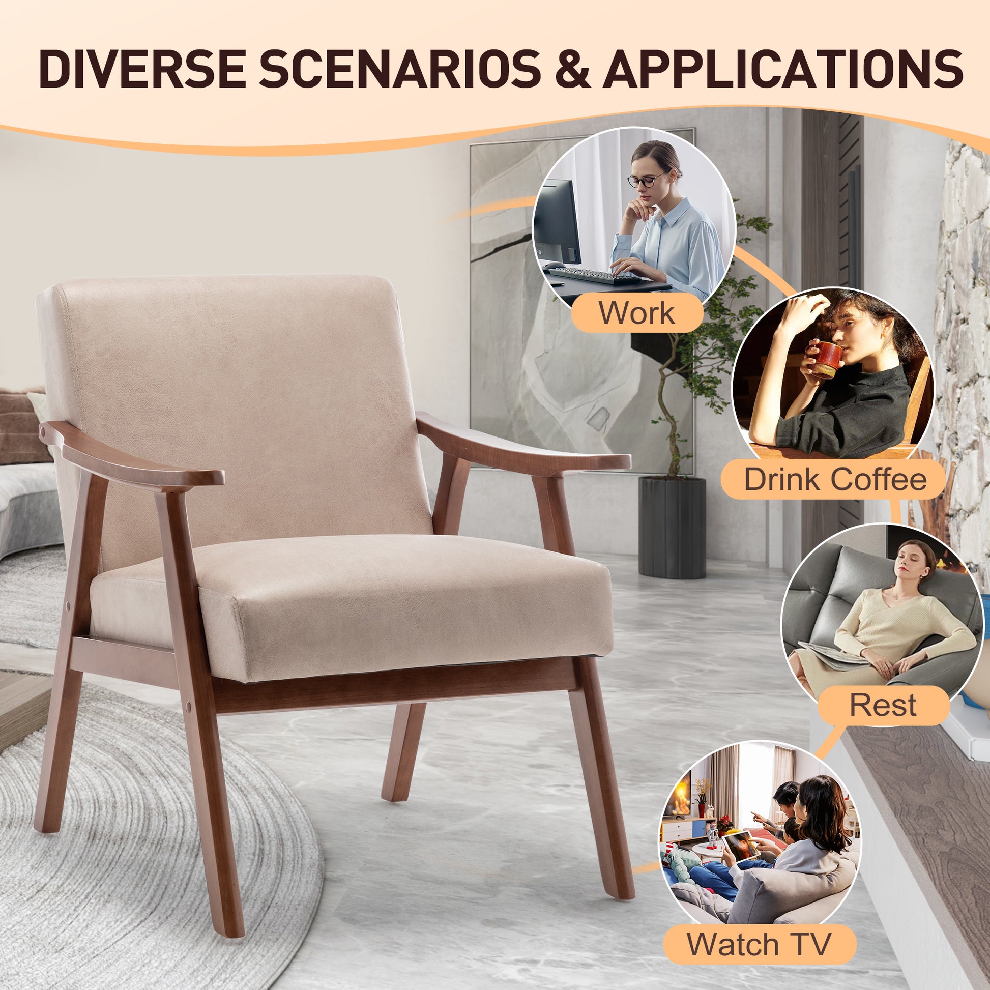 Modern accent chair with beige upholstered seat and walnut wood frame for a living room