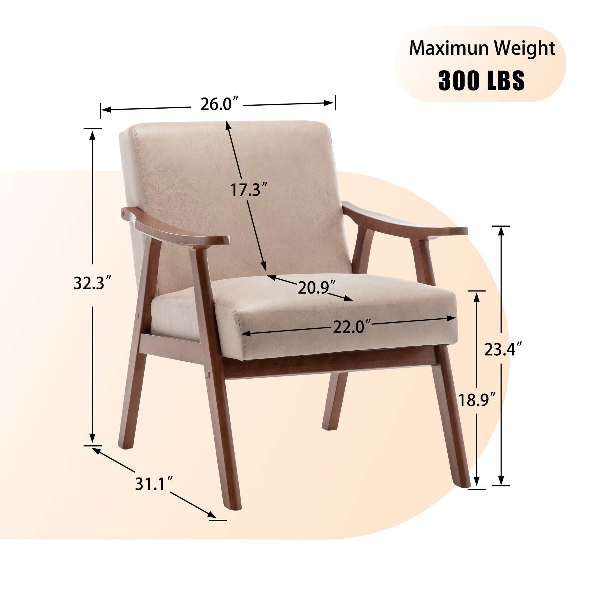 Beige upholstered accent chair with dark wood frame and arms  lb weight capacity