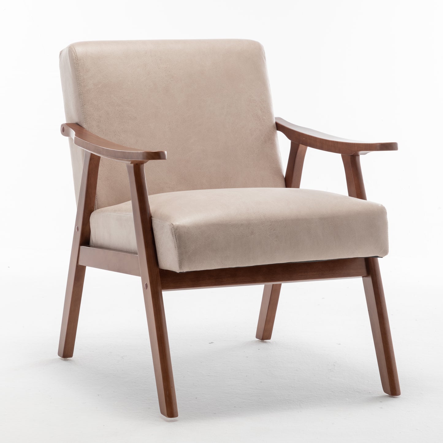 Beige upholstered accent chair with wooden arms and legs modern design