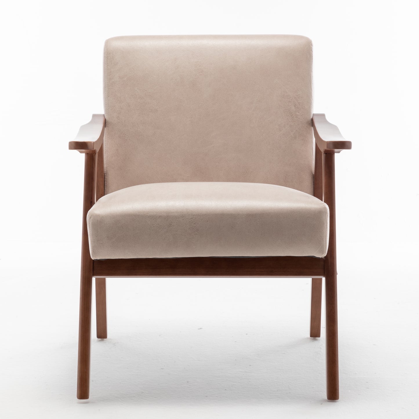 Beige upholstered armchair with wooden frame and arms for a modern living room setting