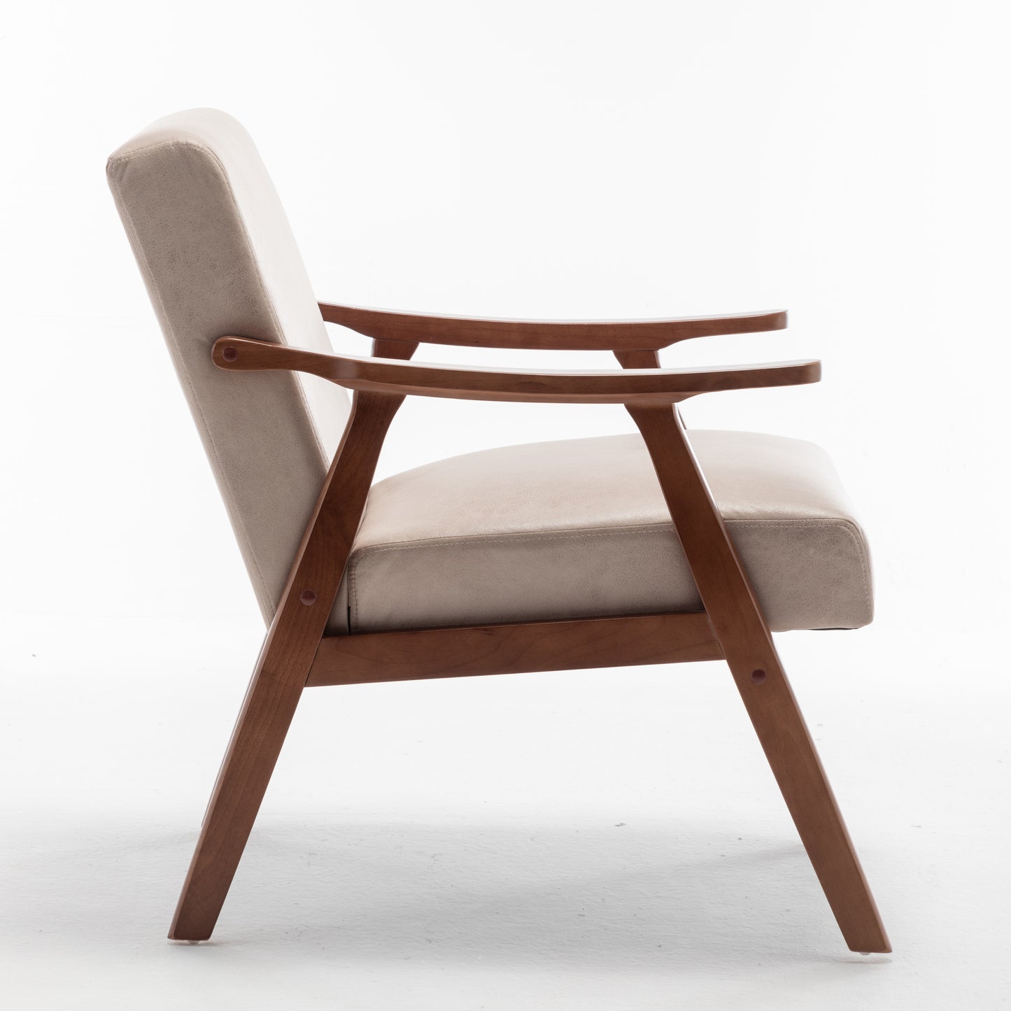 Midcentury modern armchair with light beige fabric upholstery and walnut wood frame