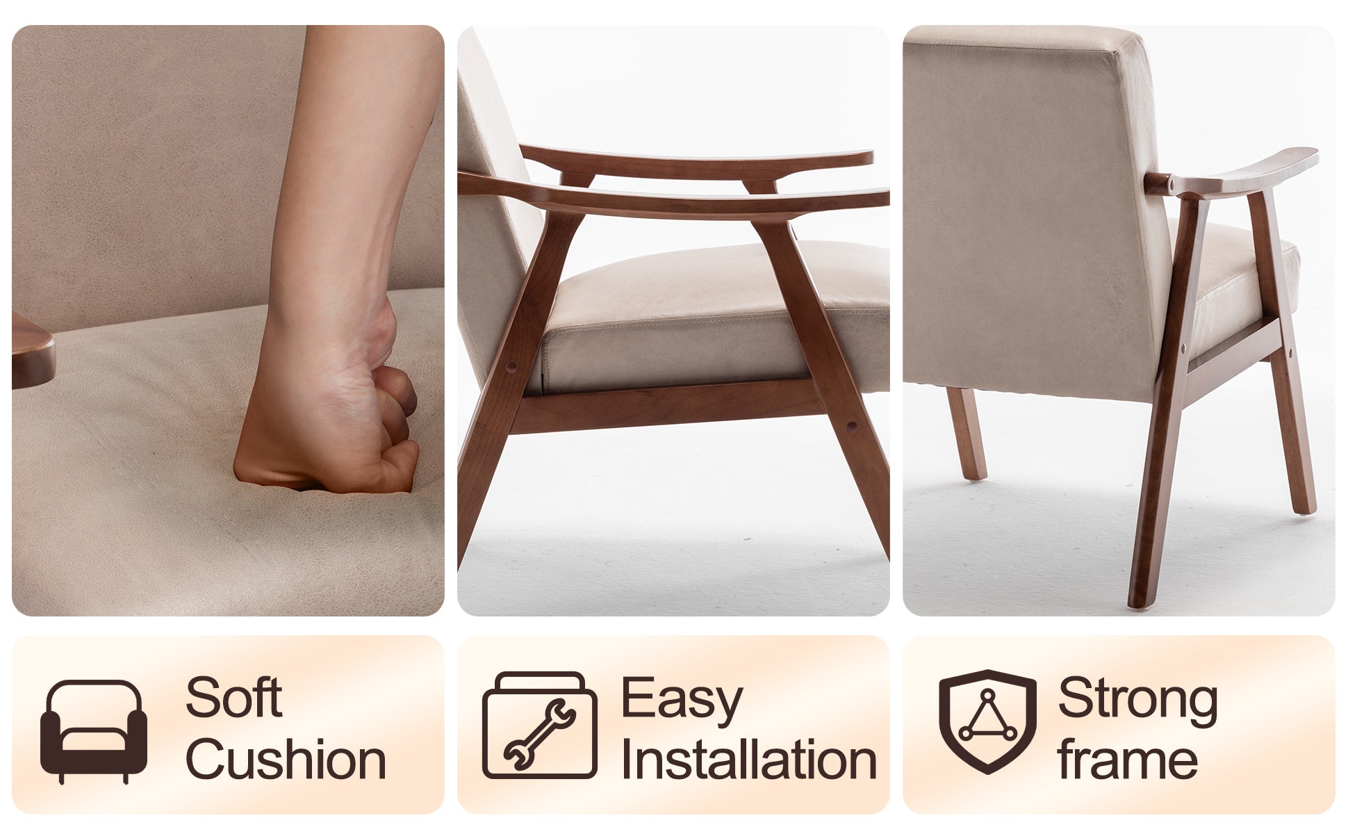 Beige upholstered armchair with plush cushion showing comfort