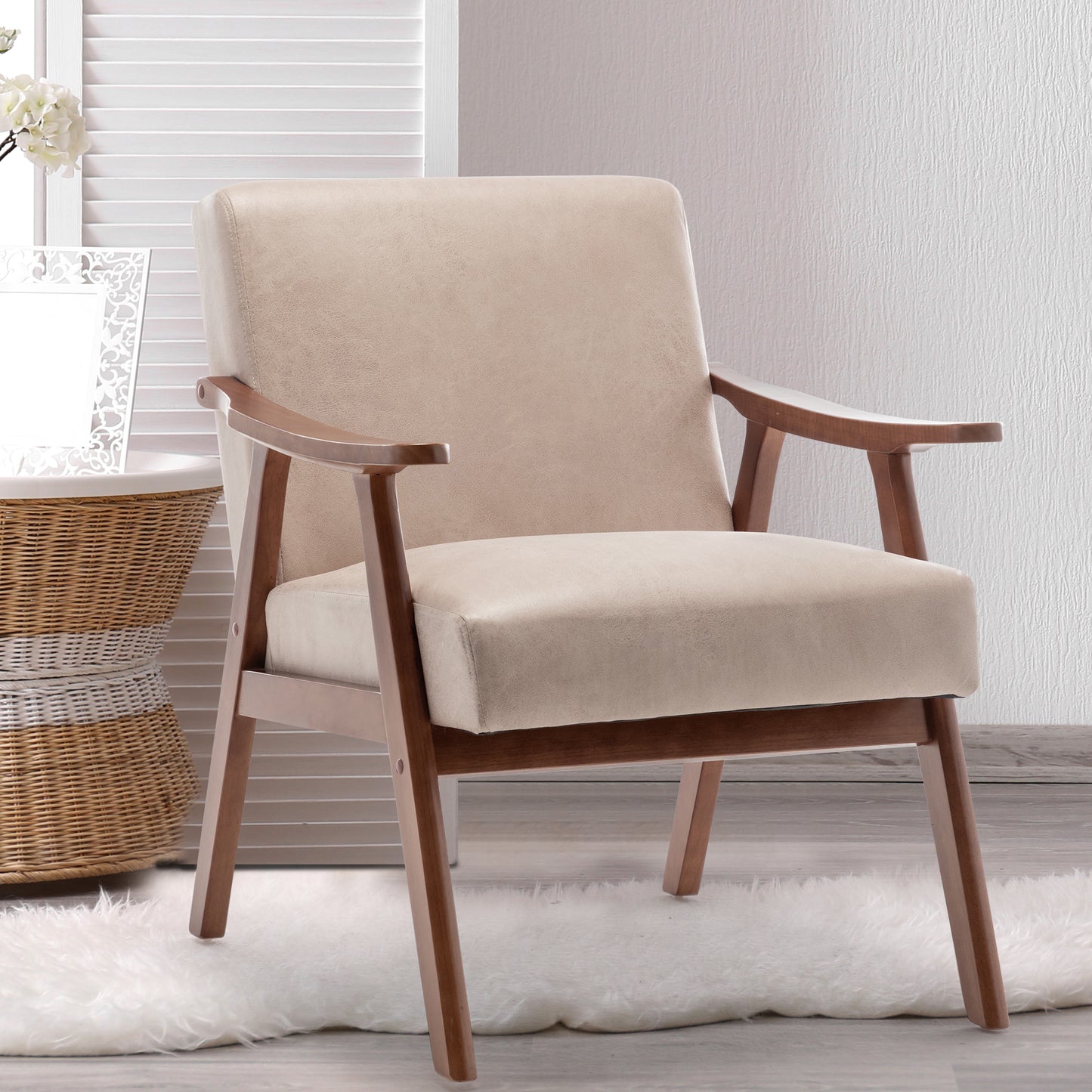 Beige upholstered accent chair with wooden arms and legs for living room comfort