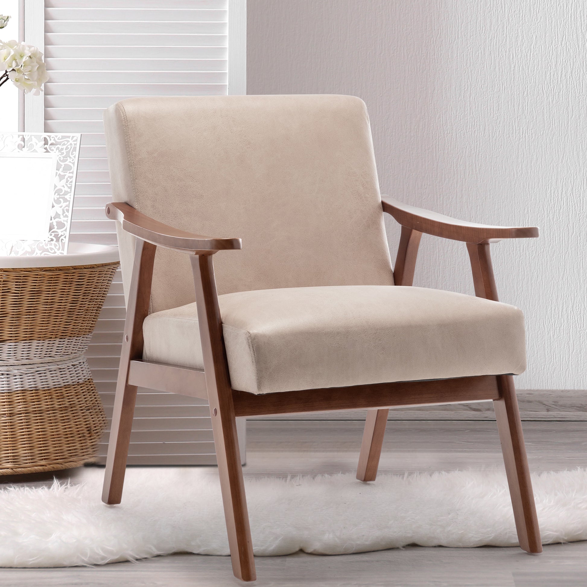Beige upholstered accent chair with wooden arms and legs for living room comfort