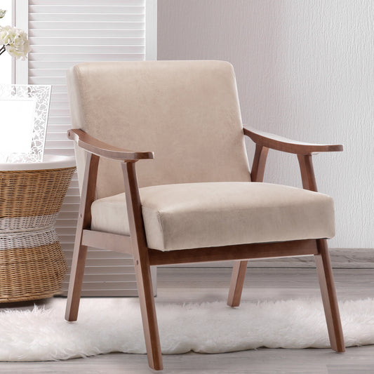 Beige upholstered accent chair with wooden arms and legs for living room comfort