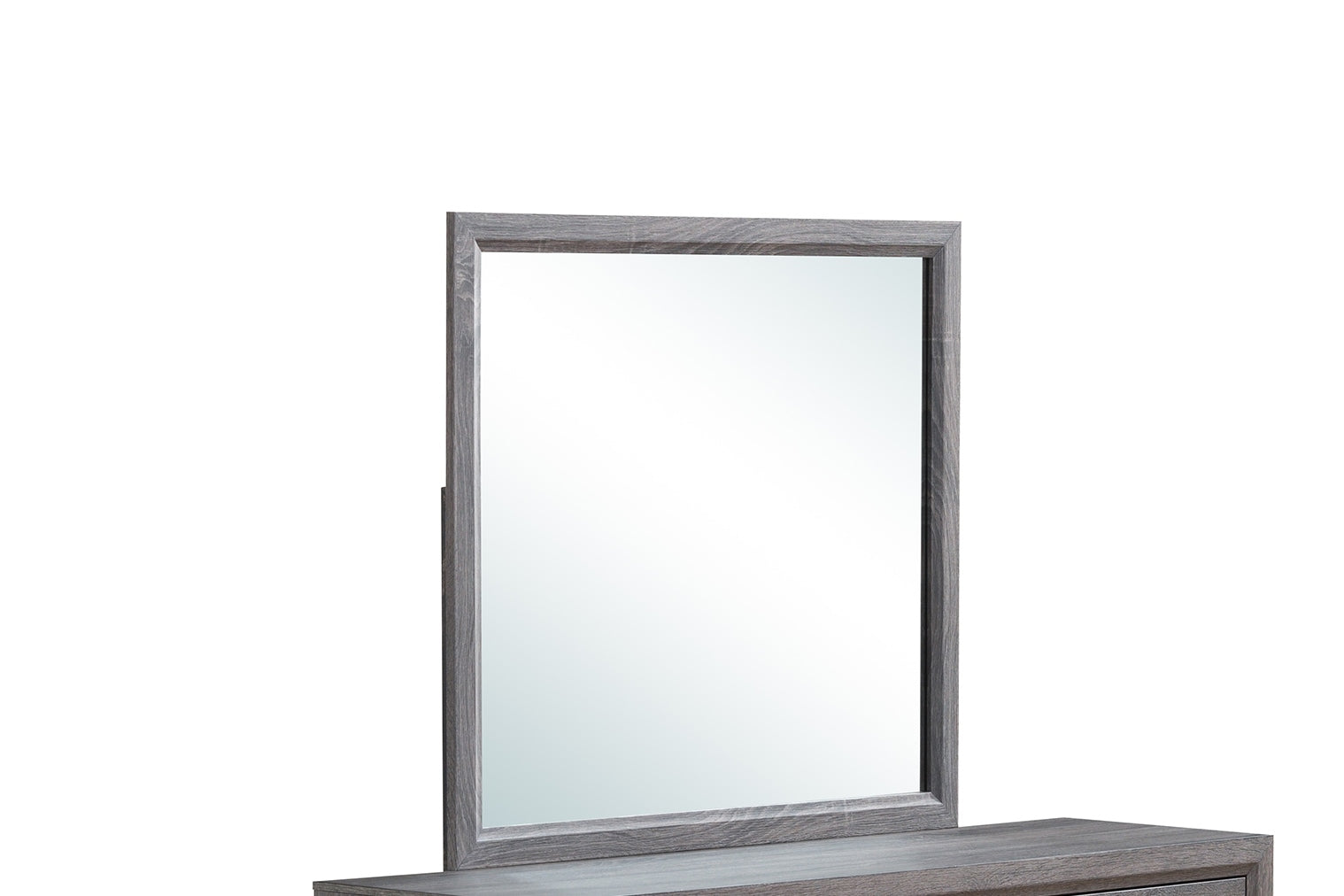 Gray woodgrain dresser mirror with simple beveled frame
