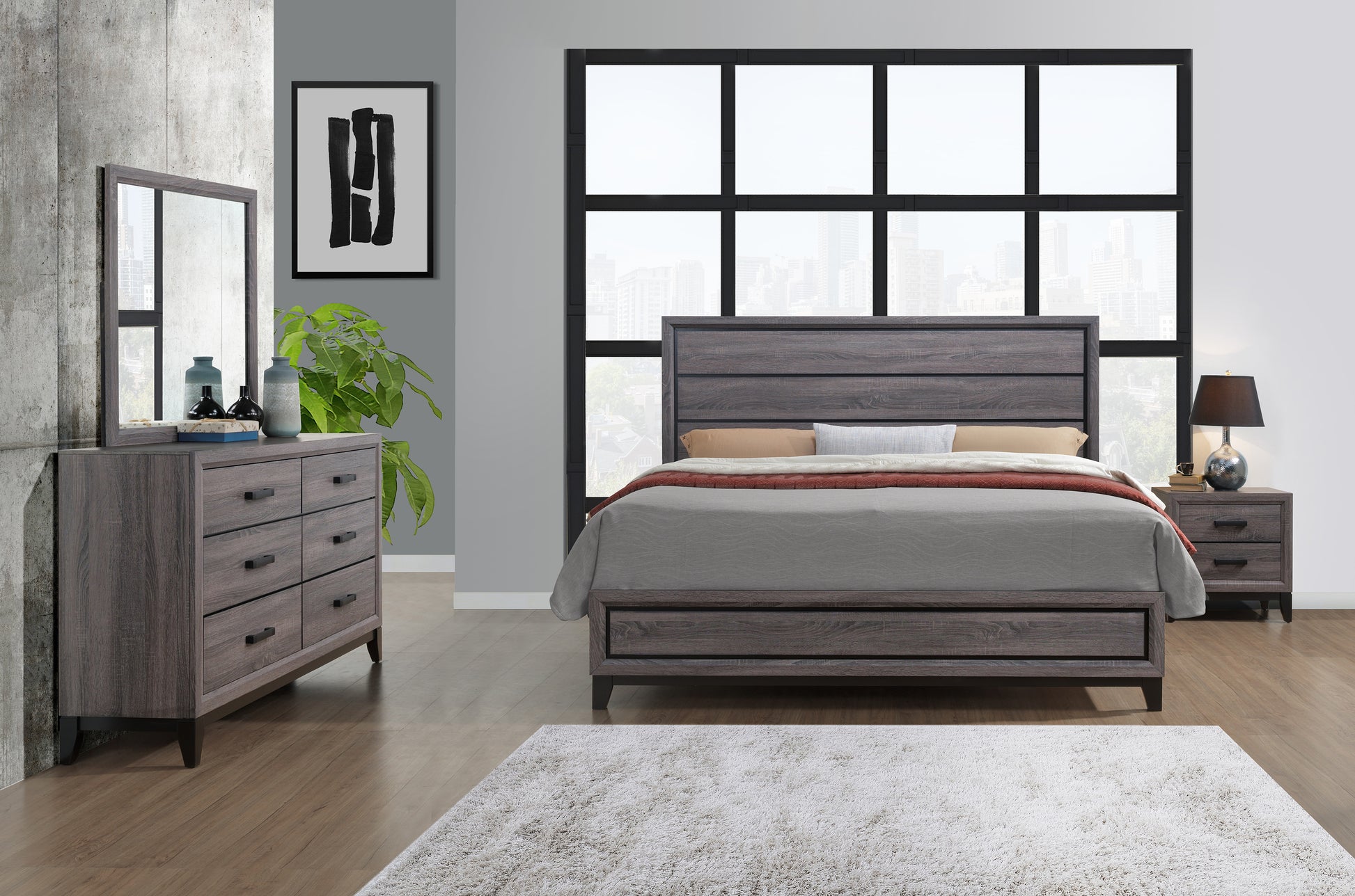 Gray wood panel king size bed with upholstered headboard and matching nightstand