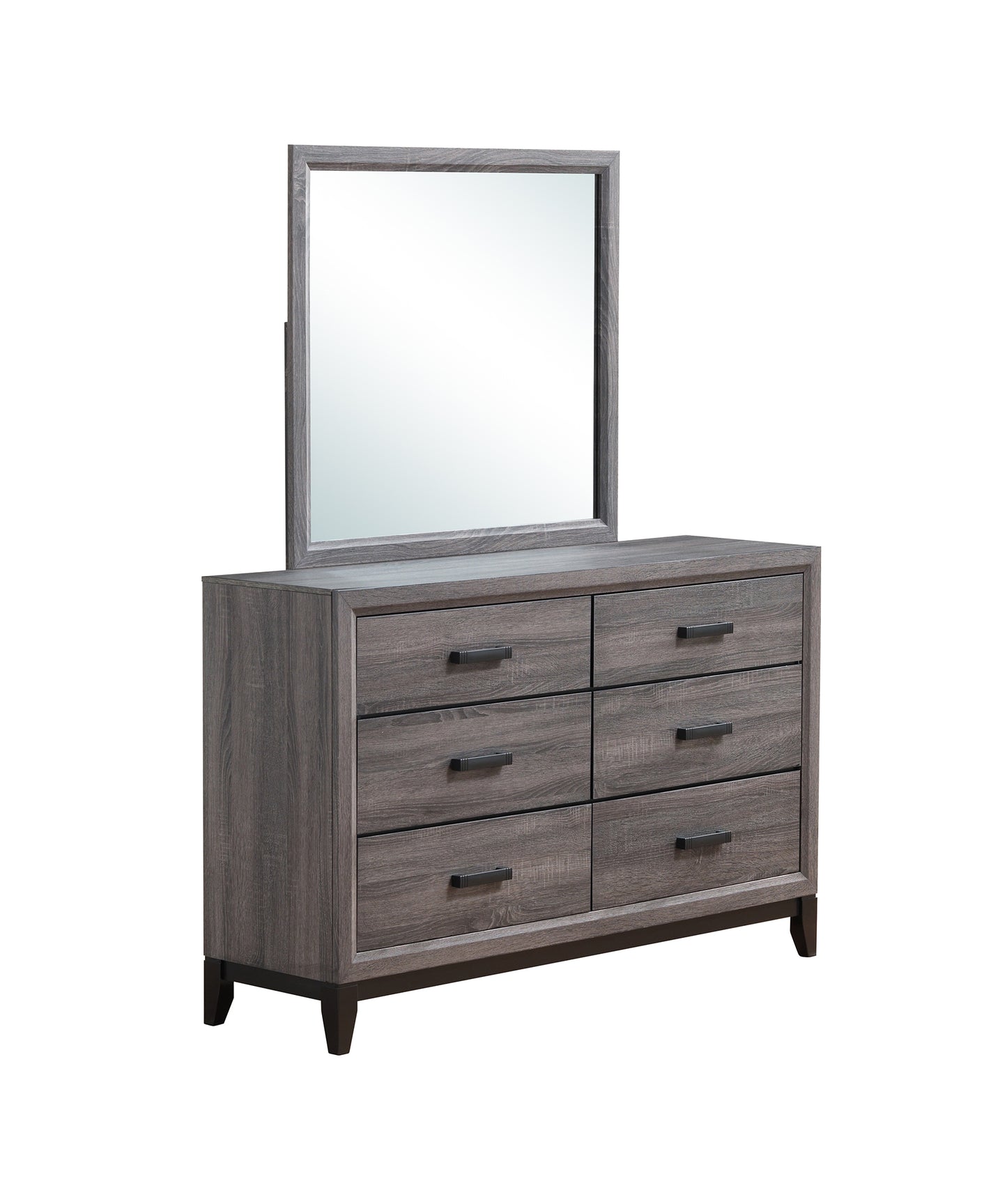 Grey wood dresser with six drawers and a matching mirror for bedroom storage