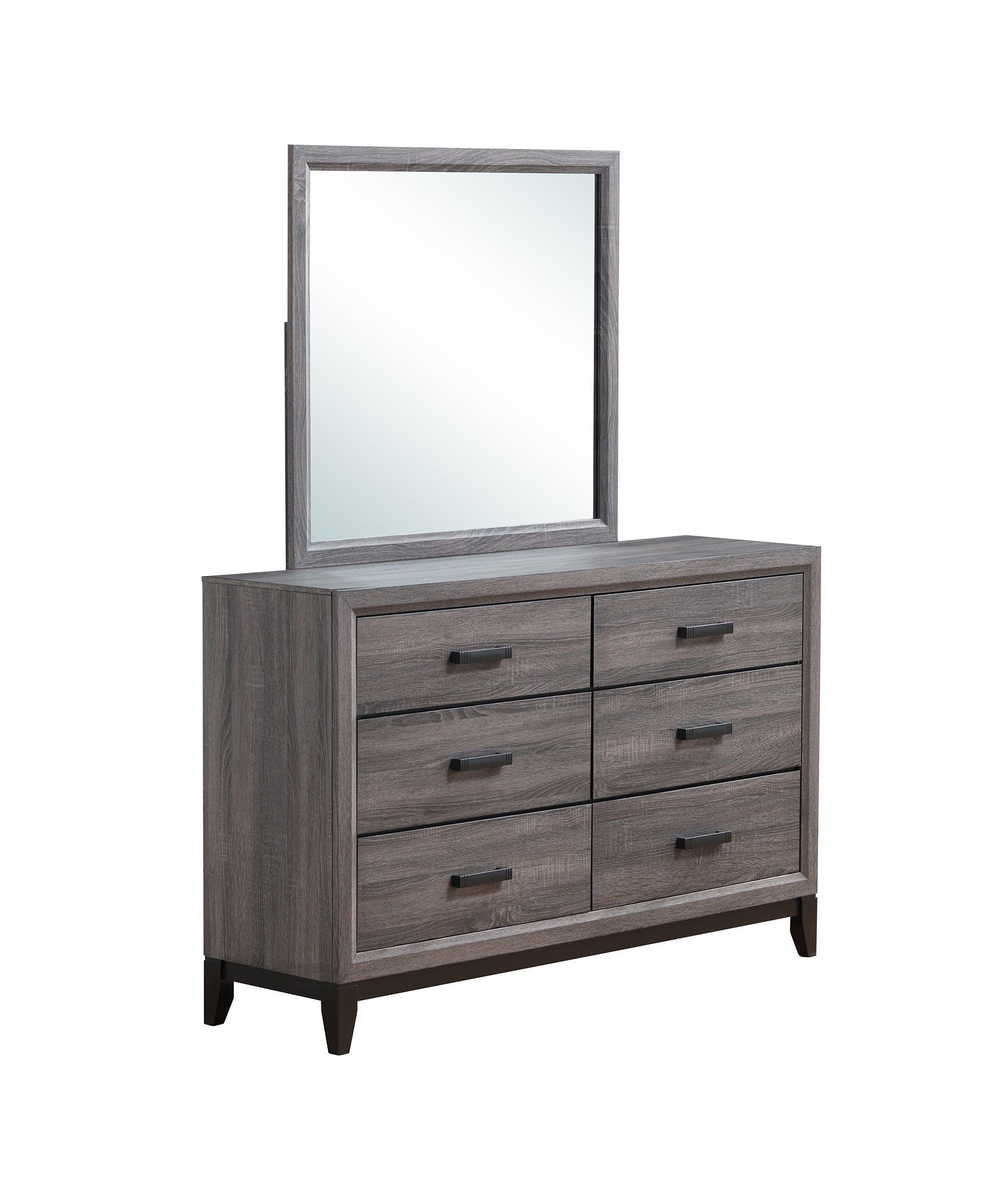 Grey wood dresser with six drawers and a matching mirror for bedroom storage