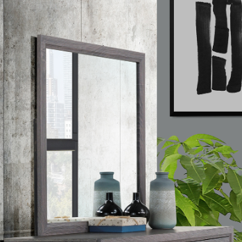 Modern grey wood framed vanity mirror with reflective surface