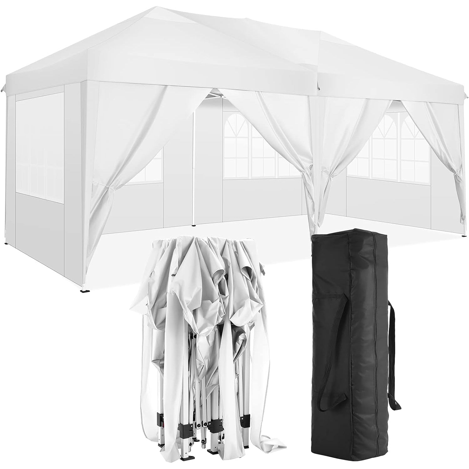 White popup canopy tent with windows and removable walls includes folded frame and carrying bag