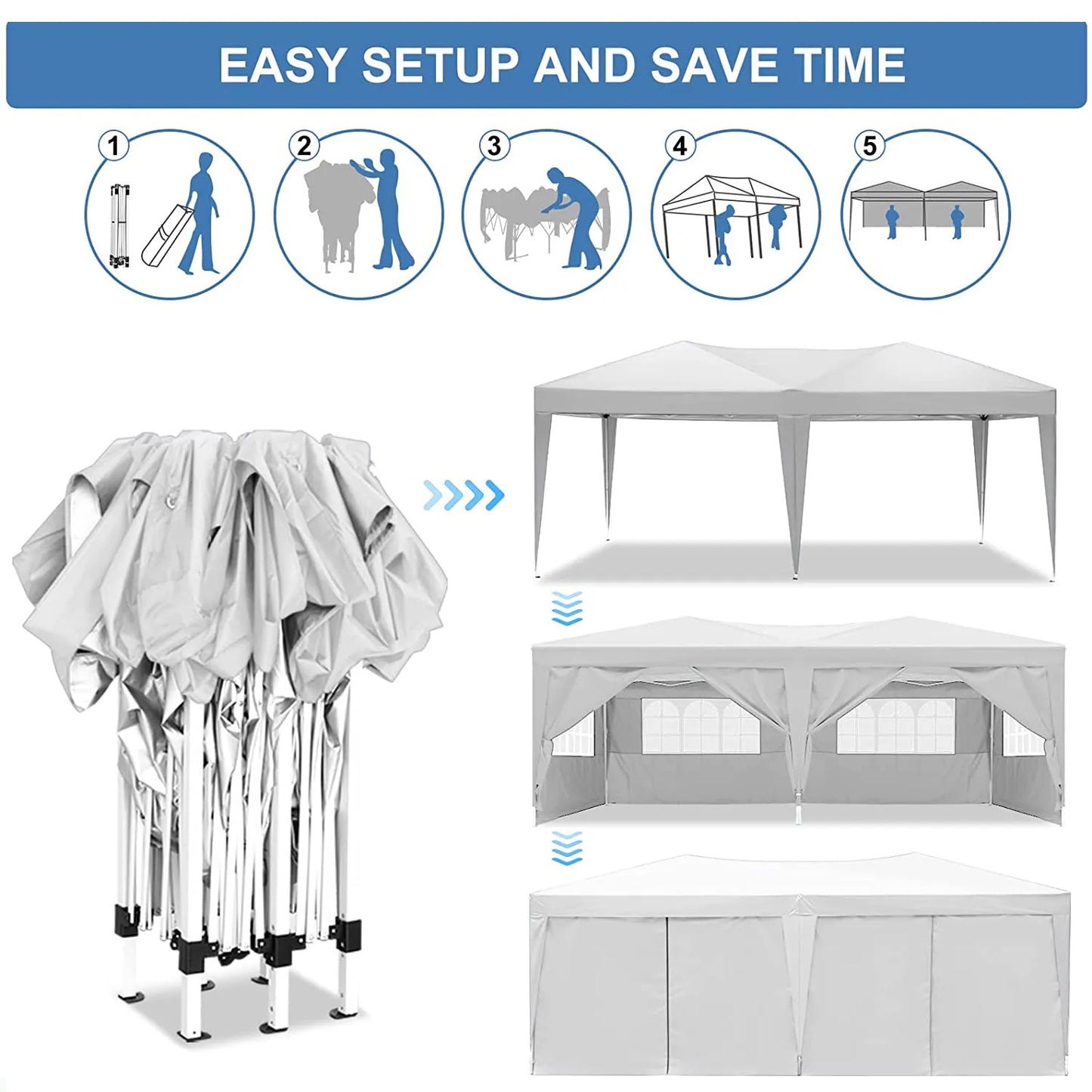 White portable canopy tent in folded position with assembly steps illustrated