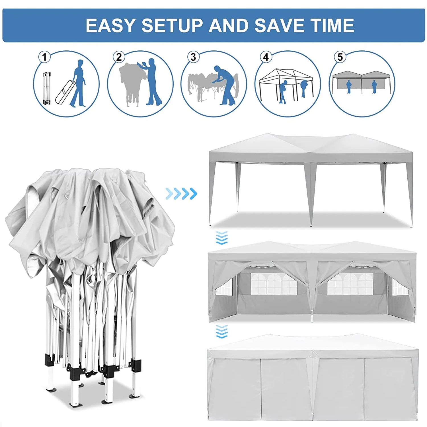 White portable canopy tent in folded position with assembly steps illustrated