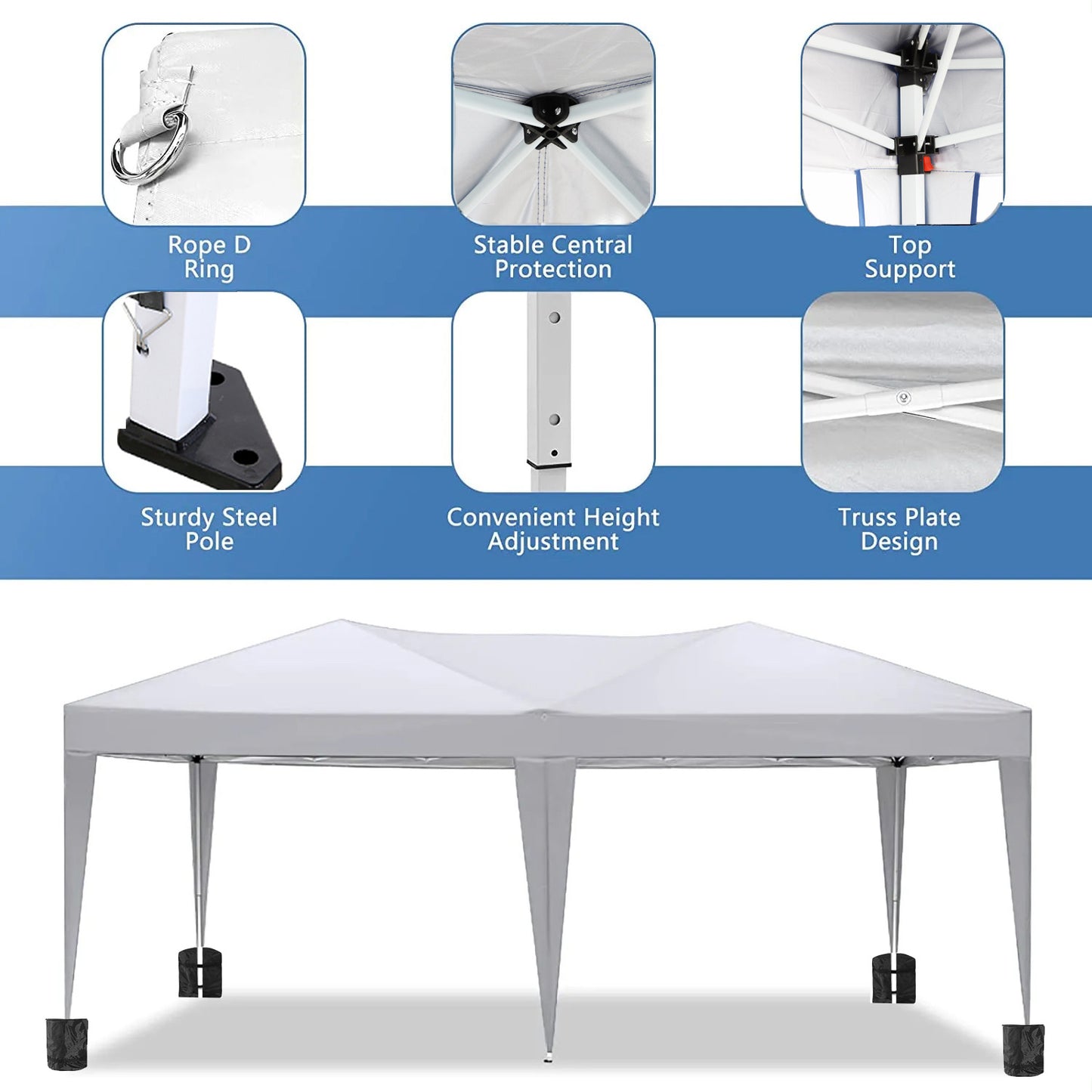 White canopy tent with sturdy steel poles and truss plate design for stability
