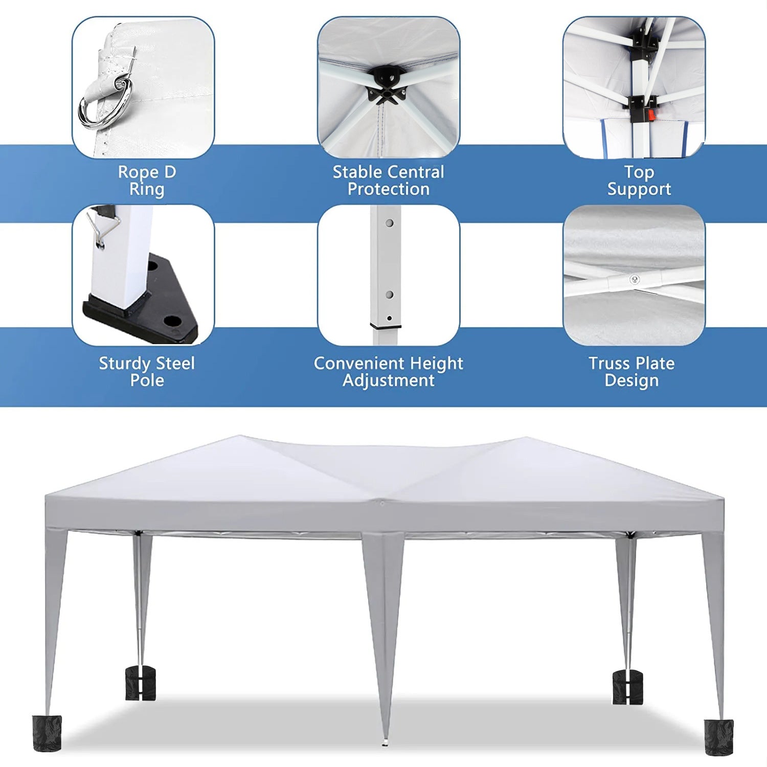 White canopy tent with sturdy steel poles and truss plate design for stability