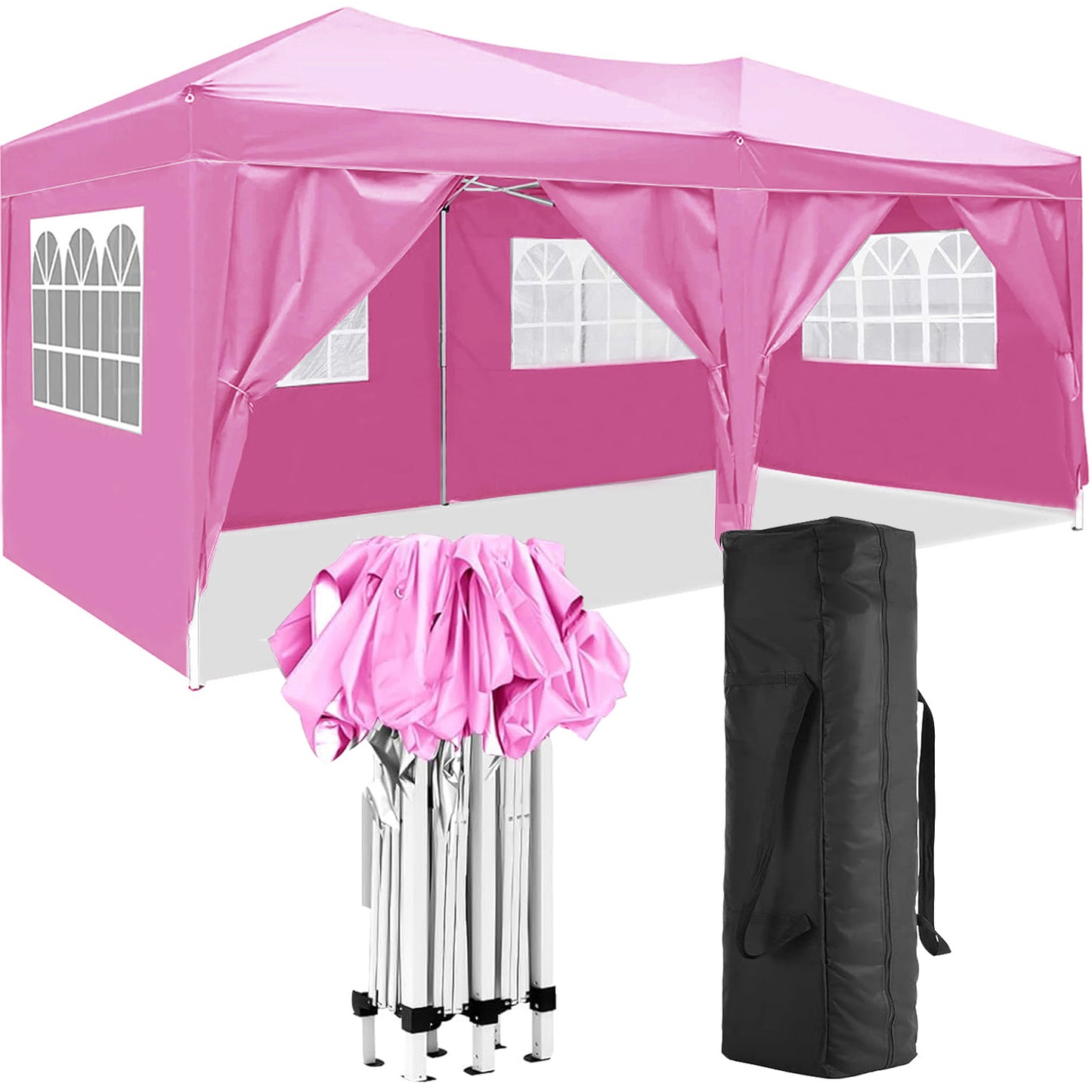 Pink canopy tent with windows folded frame and black carrying bag for outdoor events
