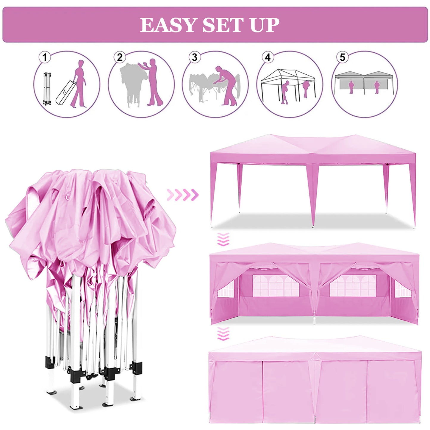 Pink popup canopy frame folded for easy transport