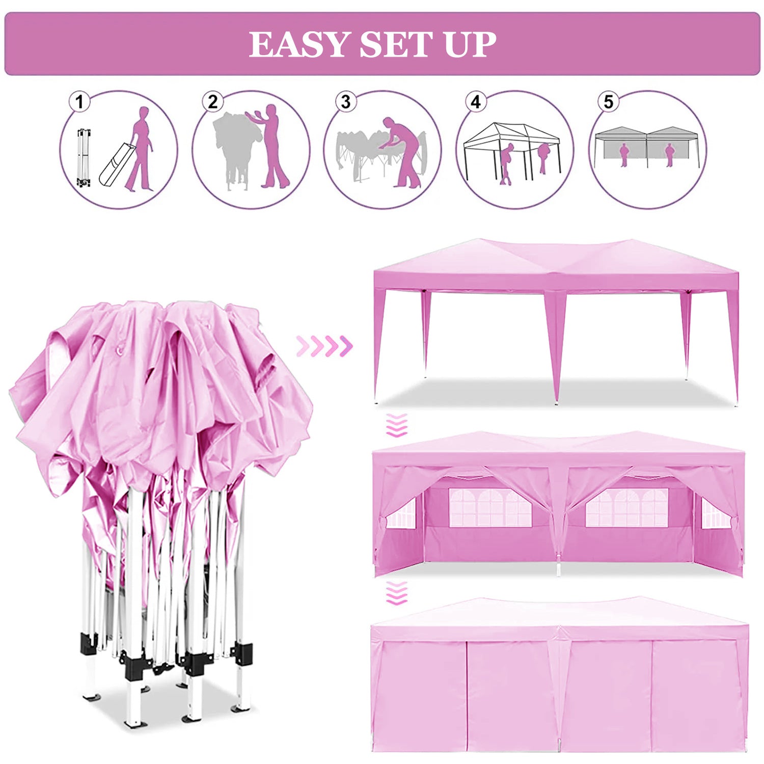 Pink popup canopy frame folded for easy transport