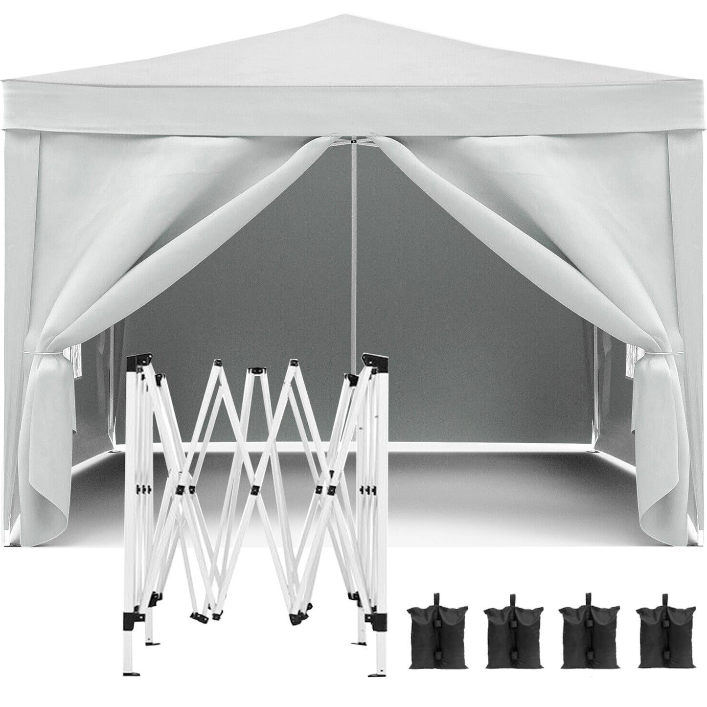 White popup canopy tent with folding frame and sandbags for outdoor events
