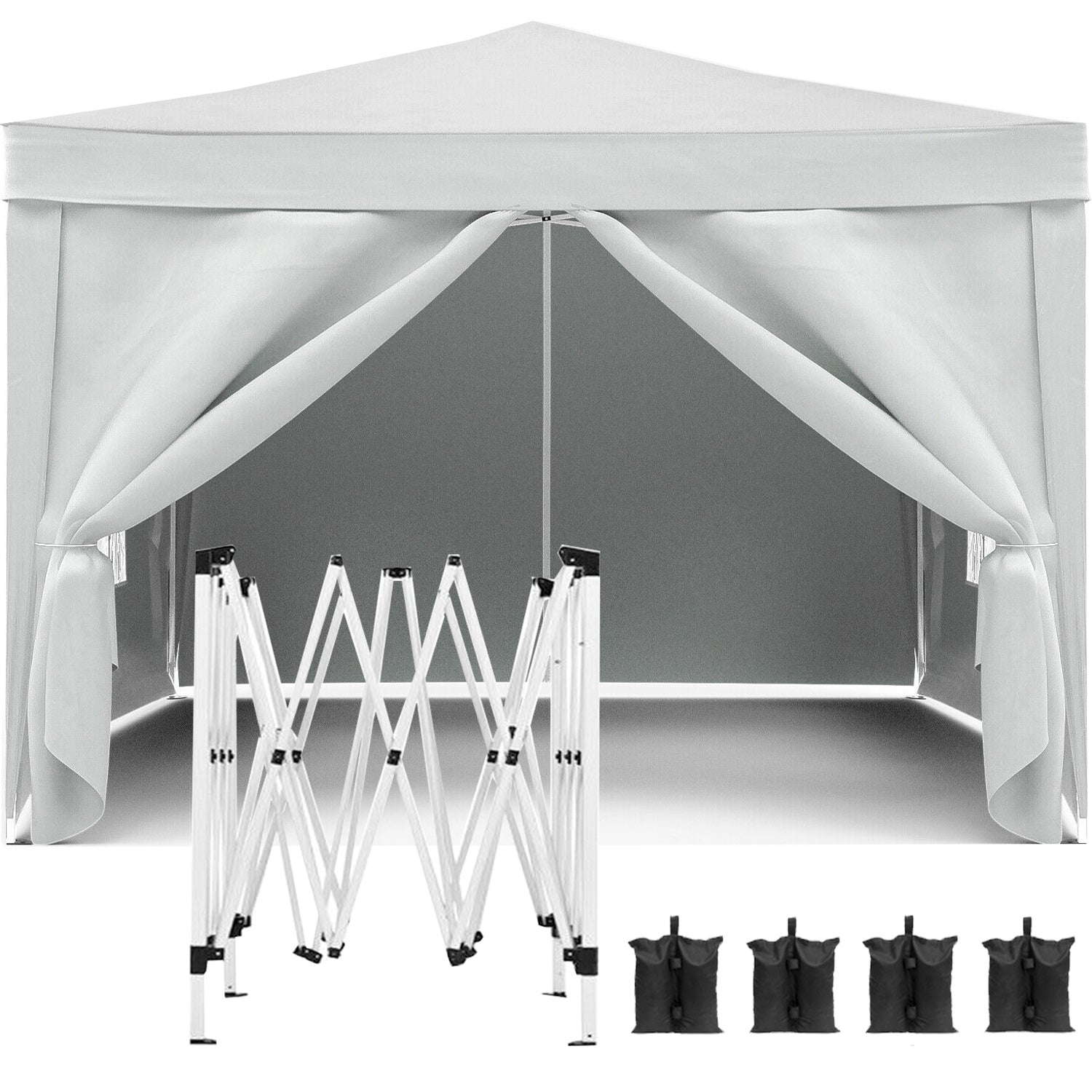 White popup canopy tent with folding frame and sandbags for outdoor events