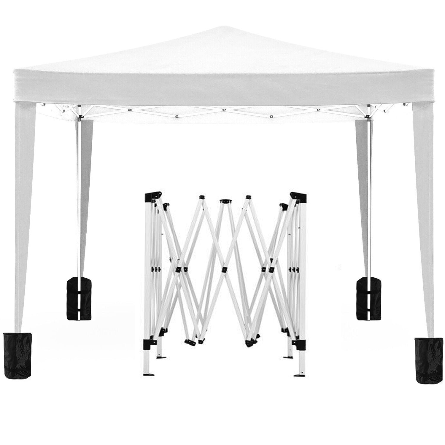 White popup canopy tent with folded frame and weighted legs