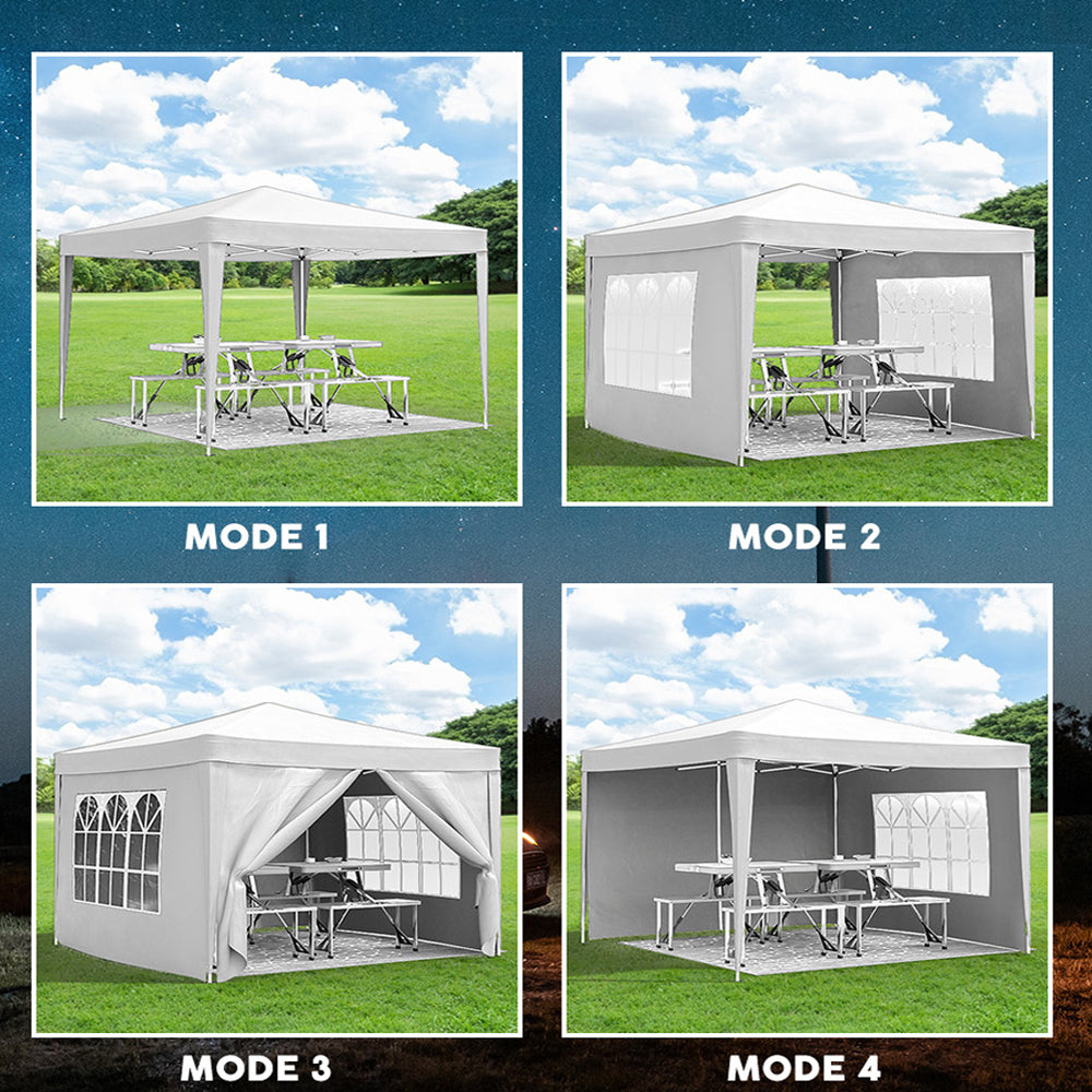 White popup canopy tent open sides picnic tables set up for outdoor gathering