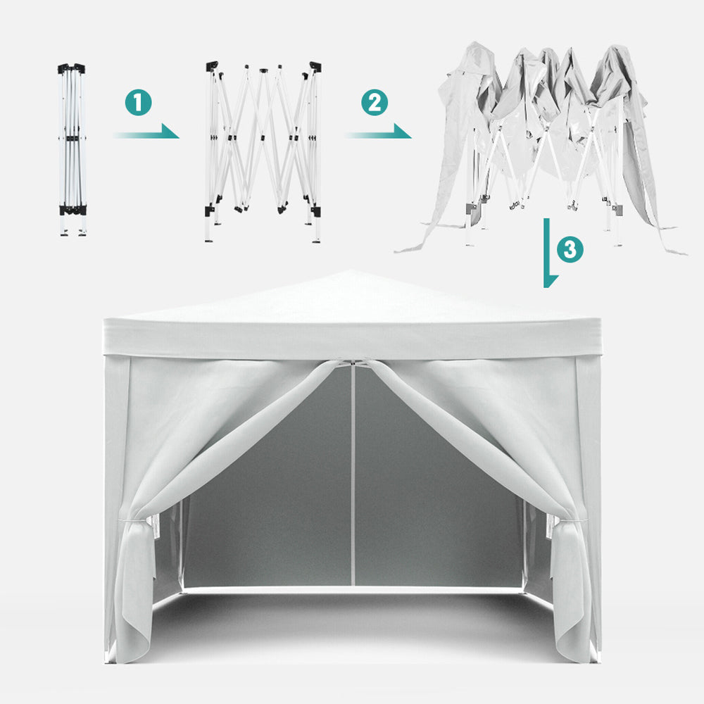 White popup canopy tent fully assembled ideal for outdoor events and parties