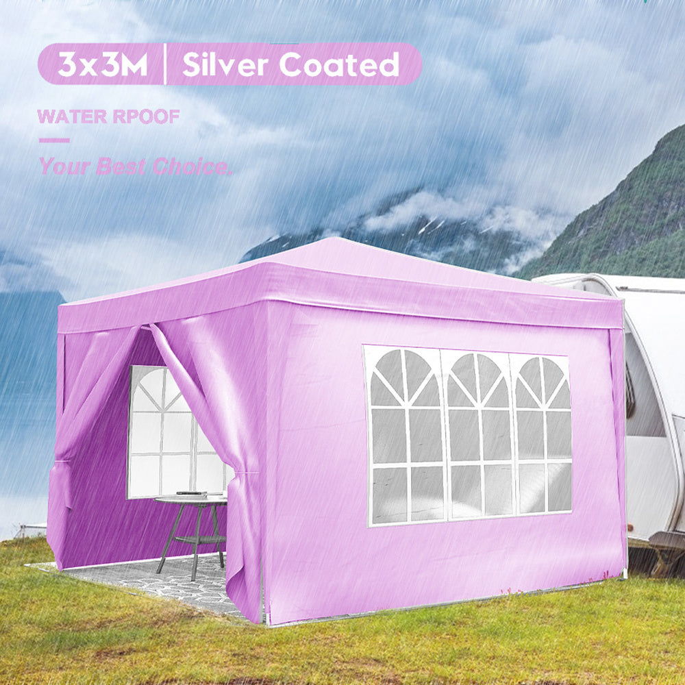 Purple xm silver coated gazebo with arched windows and side curtains