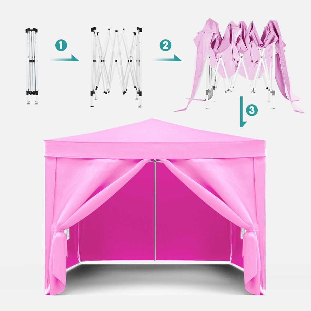 Pink popup gazebo frame in three stages of assembly folded partially extended and fully assembled