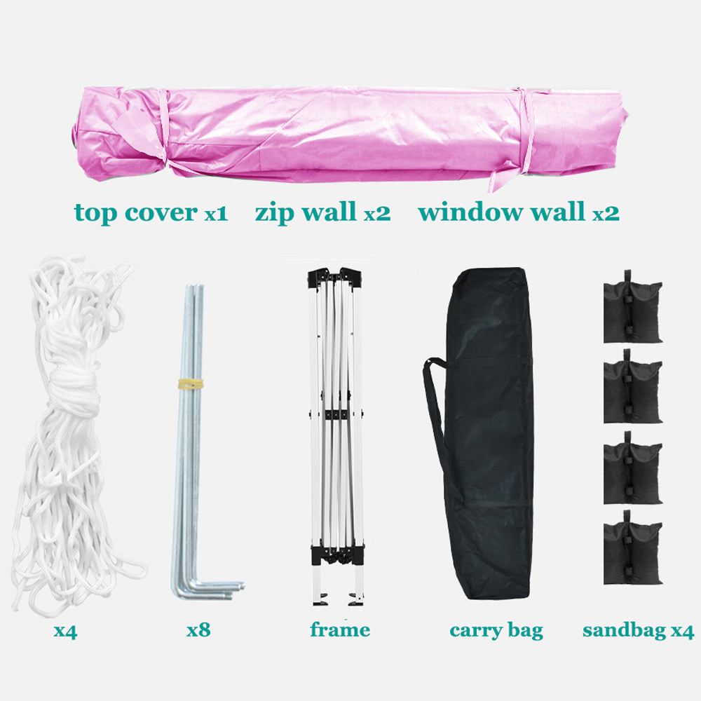 Pink rolled canopy top cover zip walls and window walls for a tent