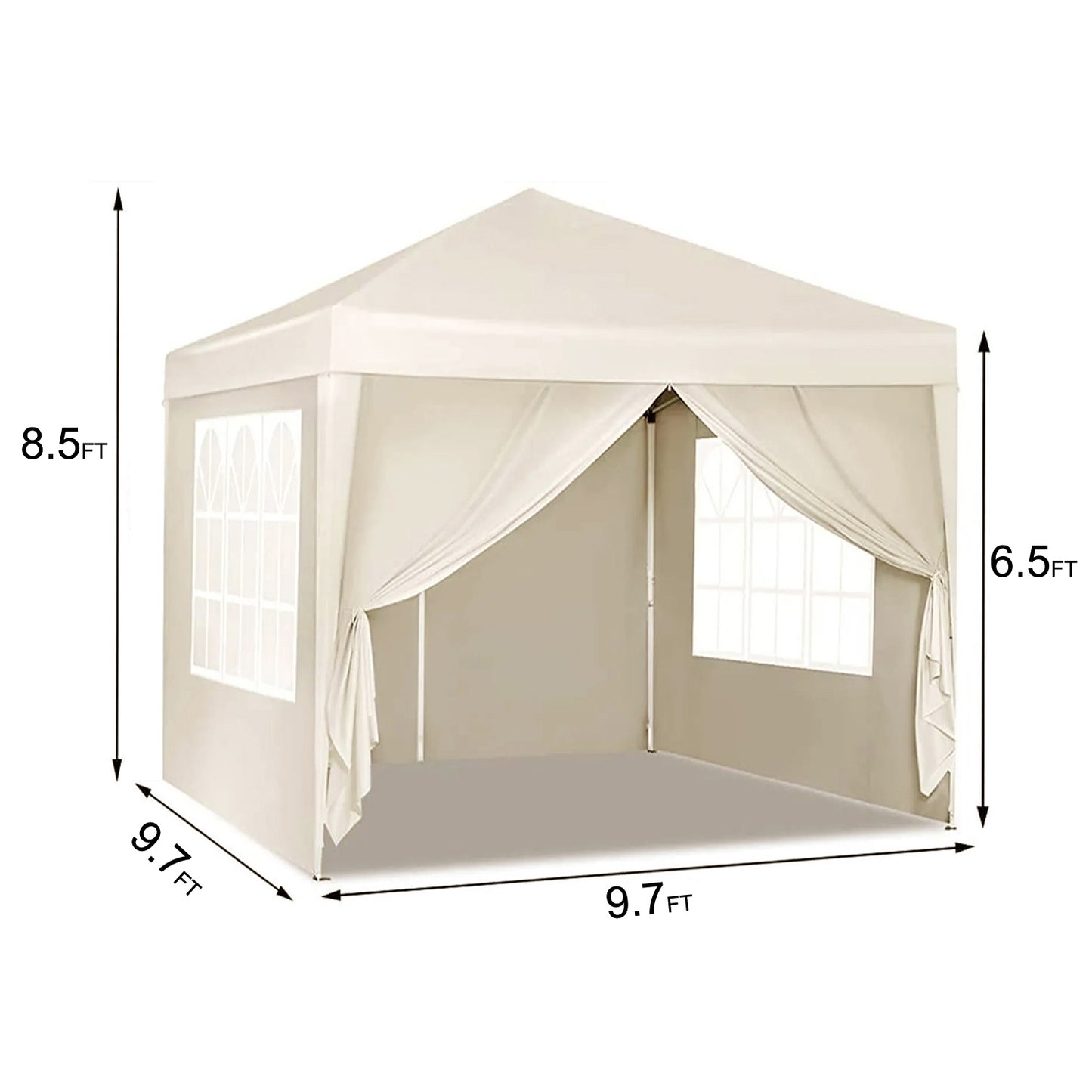 Beige pop up canopy tent  x  ft with window panels and draped sides for outdoor events