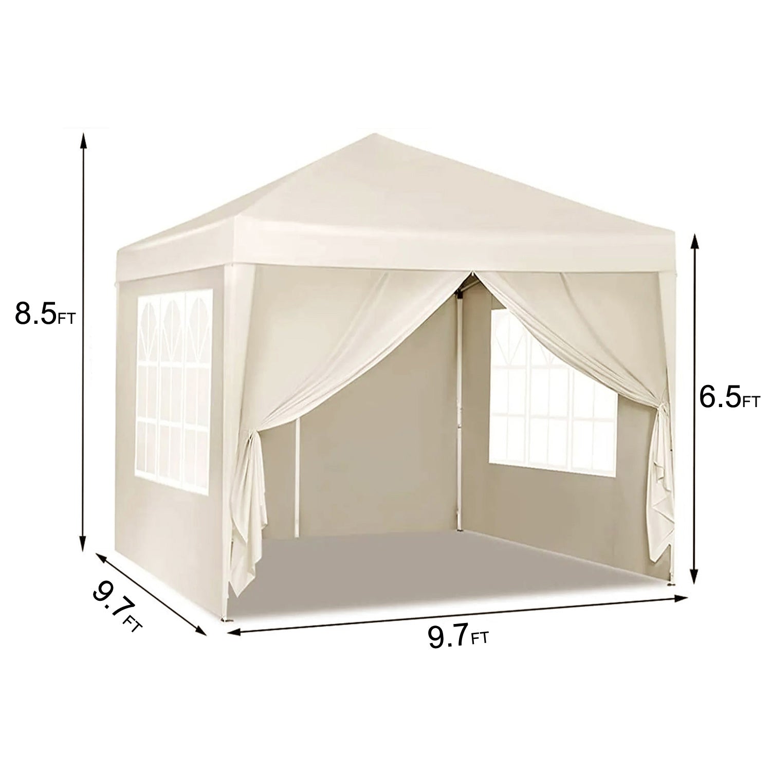 Beige pop up canopy tent  x  ft with window panels and draped sides for outdoor events