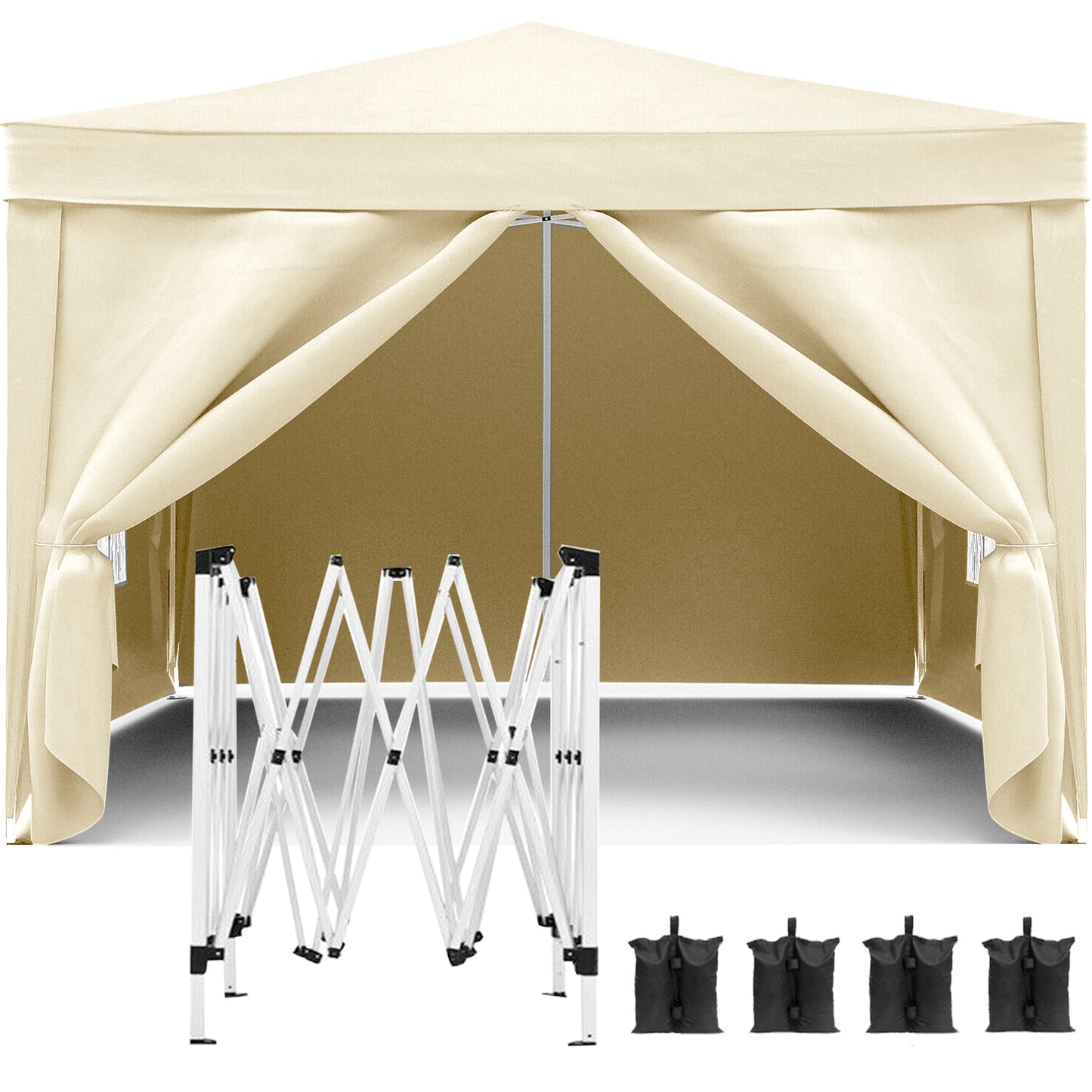 Cream x popup canopy tent with folded frame and sandbags