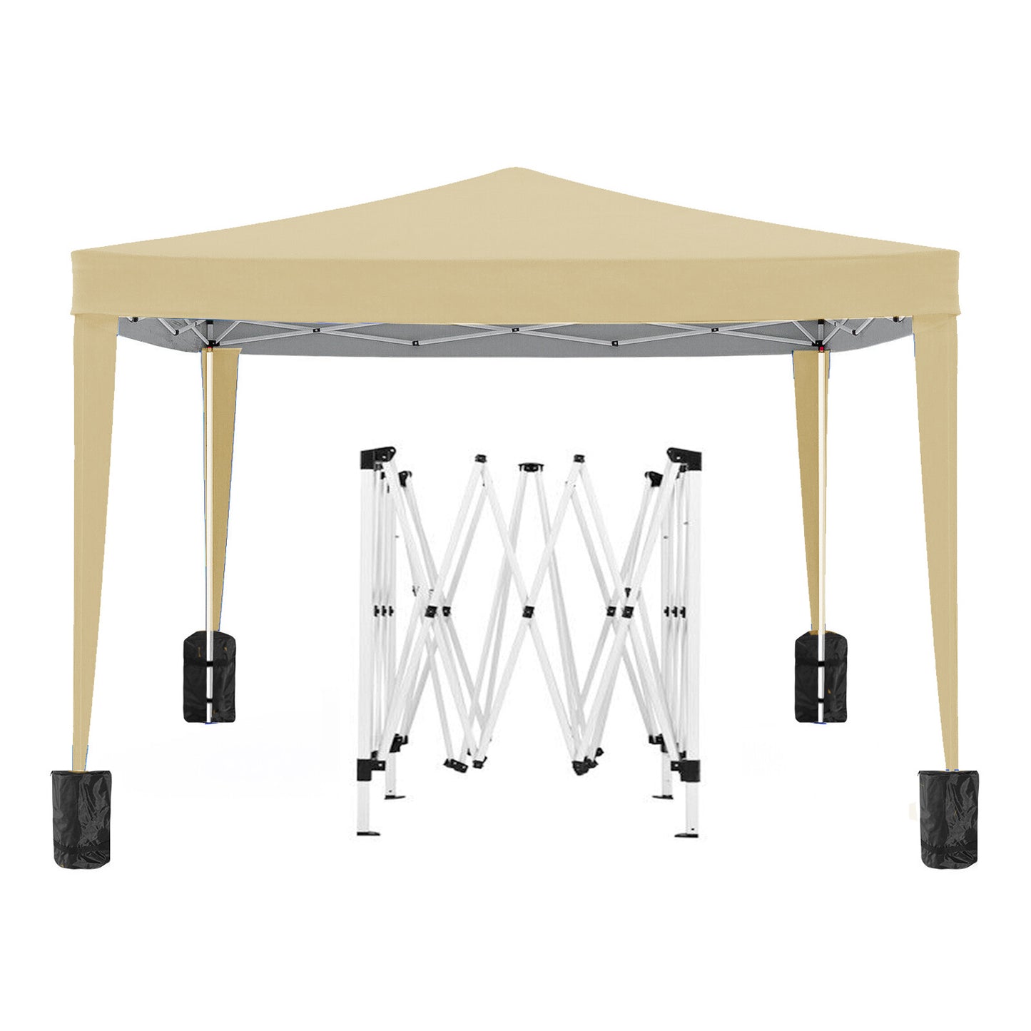 Tan x popup canopy tent with a folded white frame and black weight bags