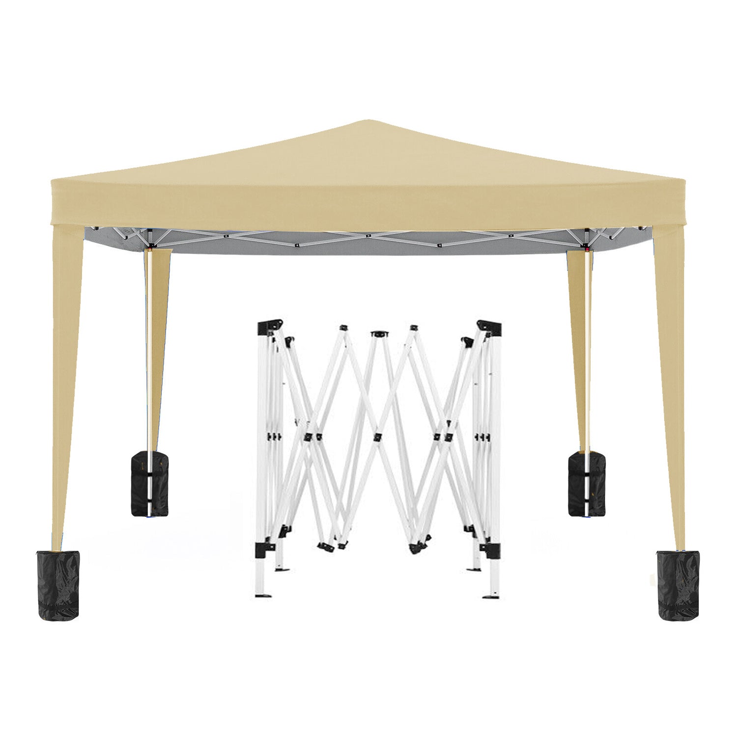 Tan x popup canopy tent with a folded white frame and black weight bags