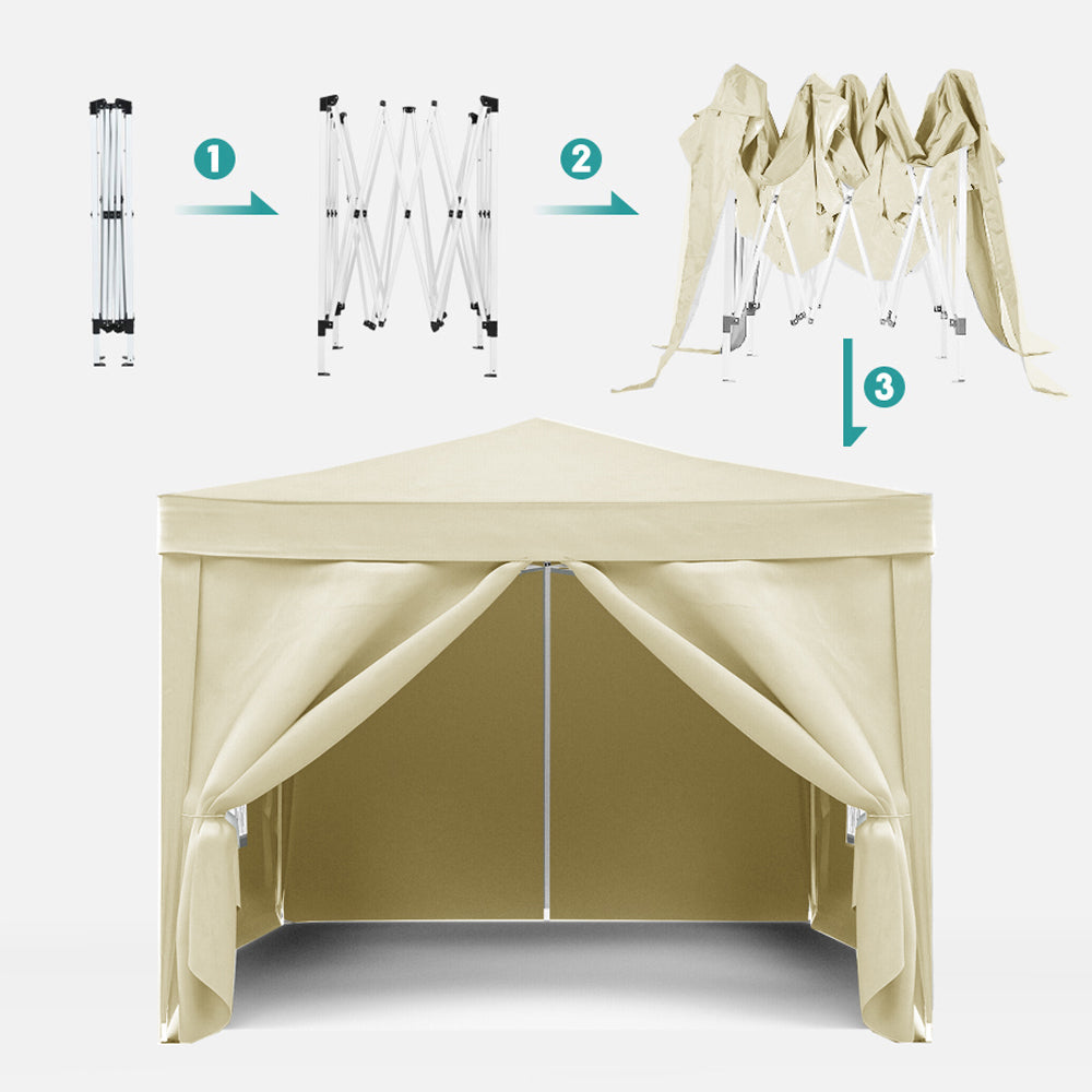 Beige popup canopy tent with folded frame shown in assembly steps