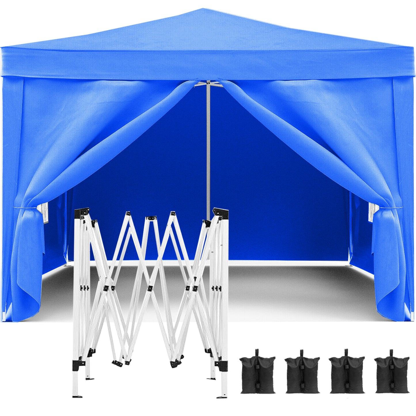 Blue canopy tent with a collapsed steel frame and four sandbags