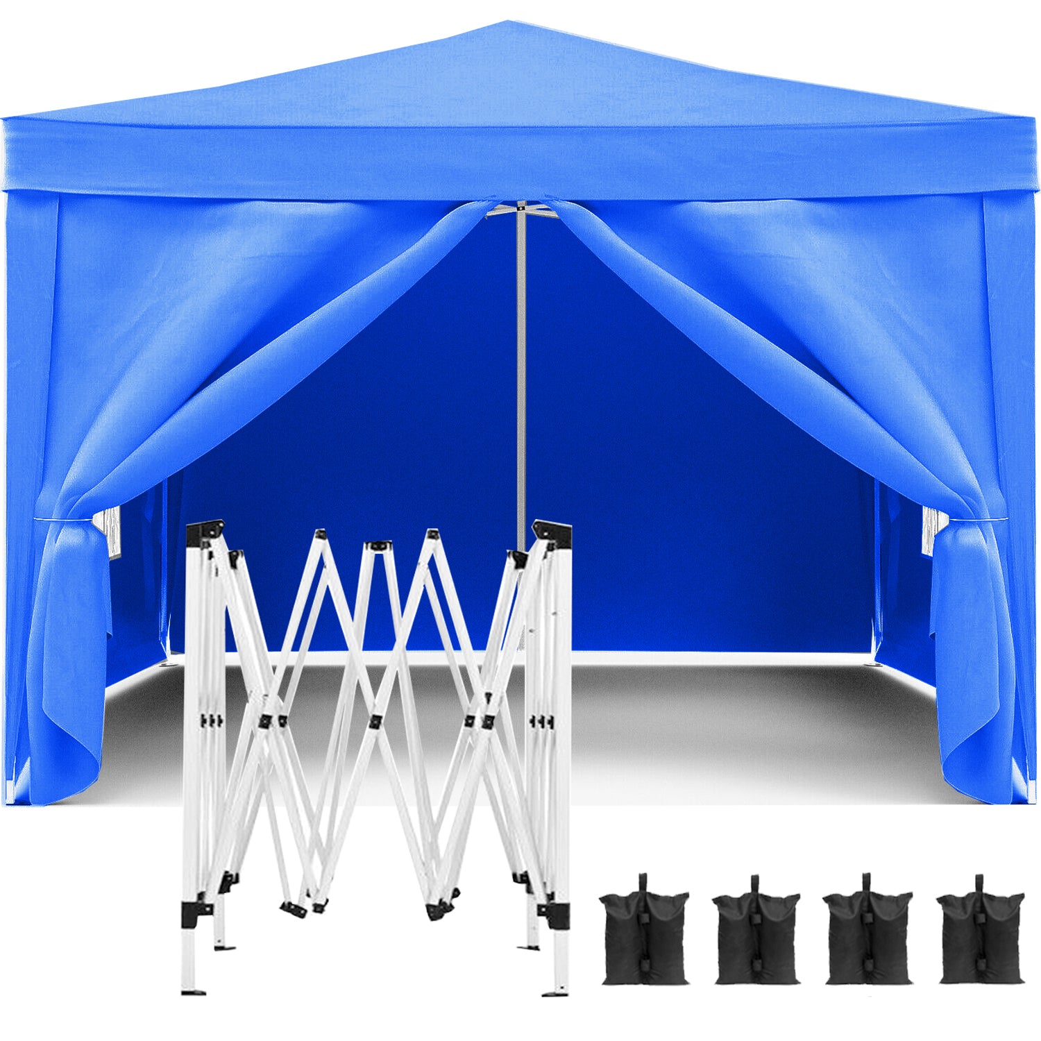 Blue canopy tent with a collapsed steel frame and four sandbags