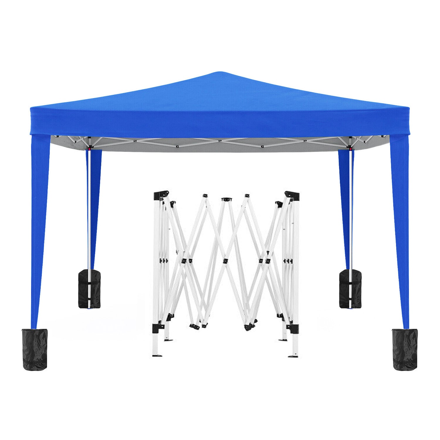 Blue popup canopy tent with a folded frame and weight bags perfect for outdoor events