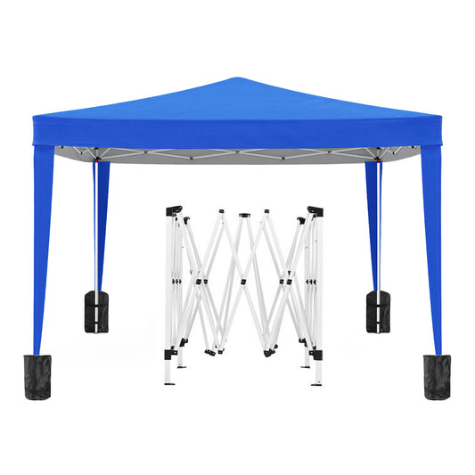 Blue popup canopy tent with a folded frame and weight bags perfect for outdoor events
