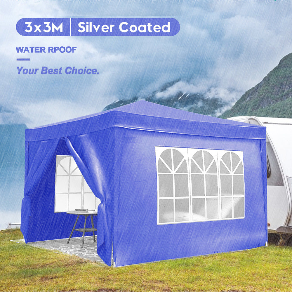 xM blue popup canopy tent with silver coating and arched windows in the rain