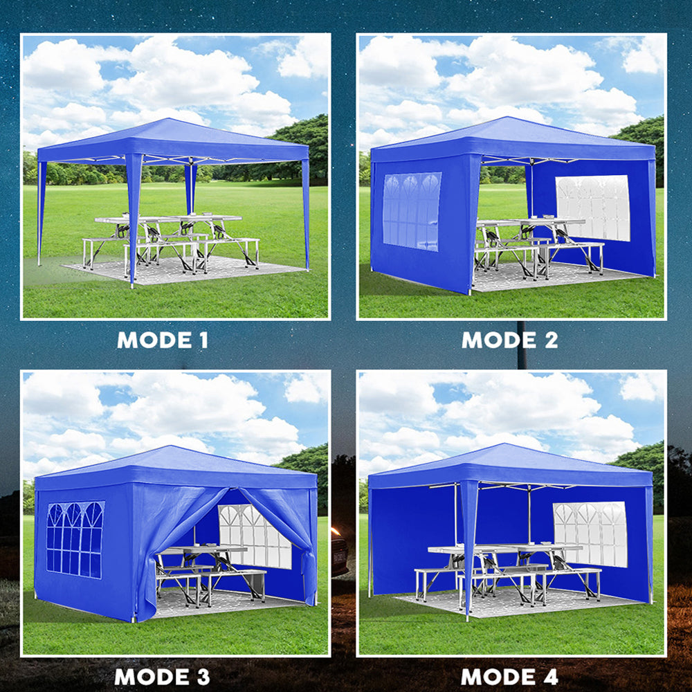 Blue popup canopy tent Mode  open sides with picnic tables on grass