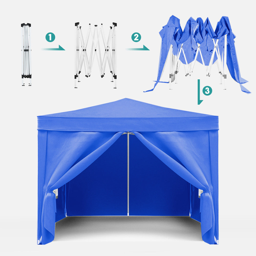 Blue popup canopy tent showing setup stages folded frame expanded frame and tent assembly